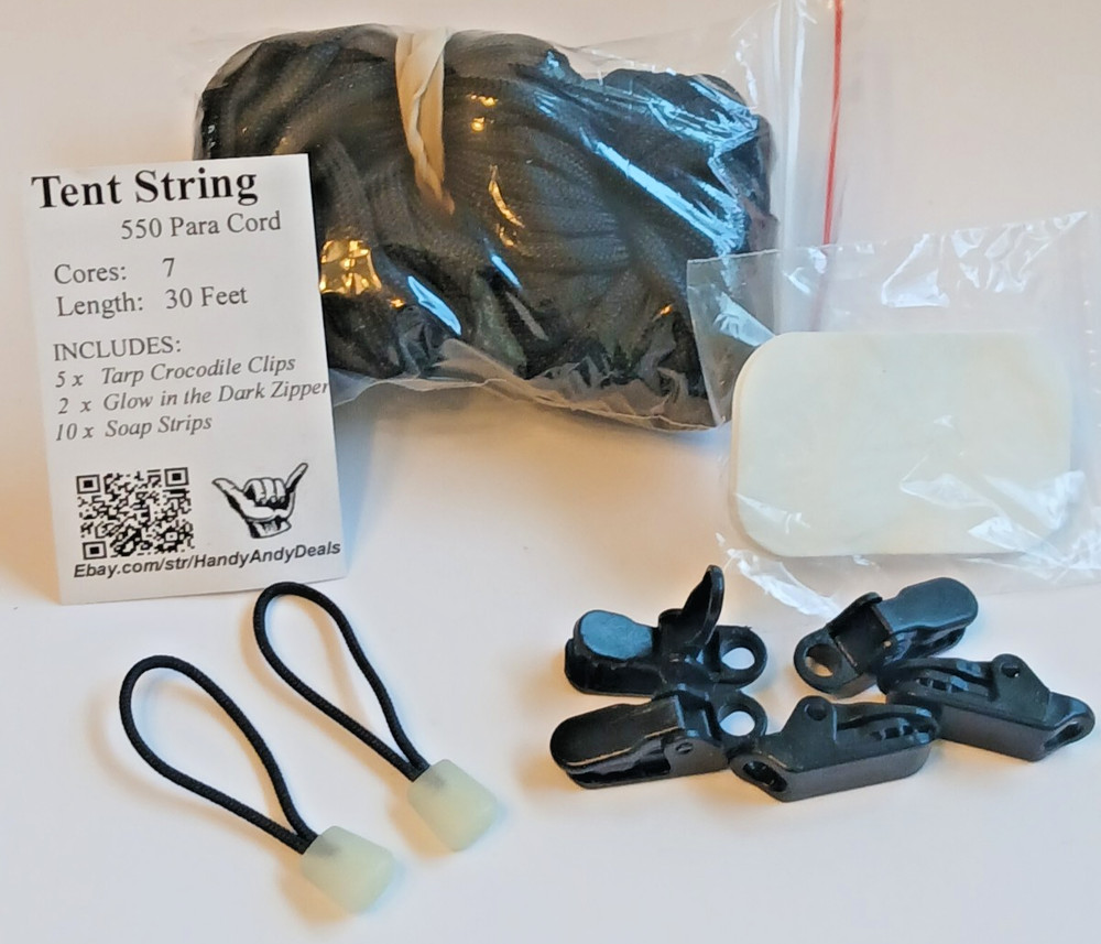 Tent String Kit, 550 Para Cord 30 Feet +Tarp Clips + Glow Zippers + Soap Sheets