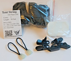 Tent String Kit, 550 Para Cord 30 Feet +Tarp Clips + Glow Zippers + Soap Sheets
