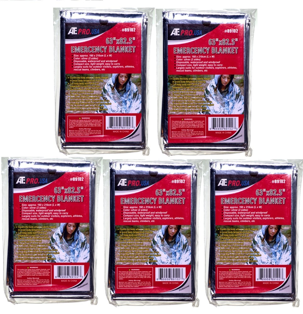 5 Quantity Emergency Thermal Blanket – 63″x82.5″ Silver Waterproof Compact