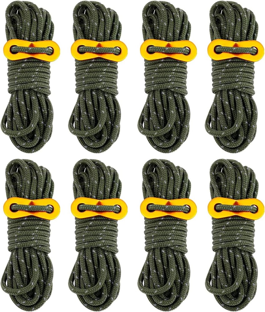 8 Pack 4mm Tent Guy Lines with Aluminum Adjuster for Camping Hiking Army Green