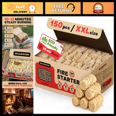 150 Pcs Natural Fire Starters for Fireplace, Campfires, BBQ, Grill & Outdoor Use