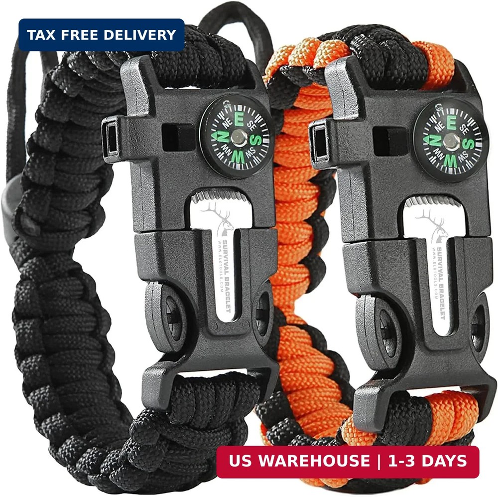 ELK Paracord Survival Bracelets – 2 Pack, Adjustable Size, Loud Whistle, Fire St