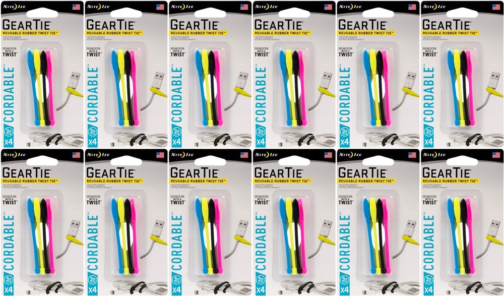 Nite Ize 4-Pack Gear Tie Cordable Twist Tie, 3″ – Assorted Colors (12-Pack)