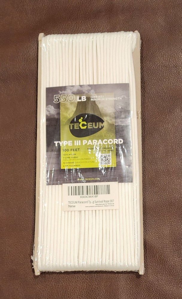 TECEUM 550lb Type III Paracord White 100ft Camping Survival Utility Cord