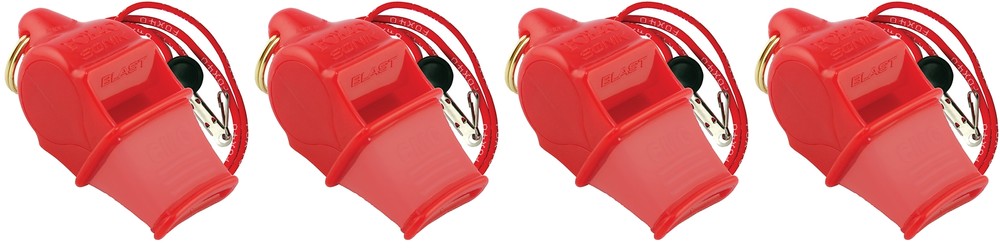 Fox 40 Sonik Blast CMG 3-Chamber Pealess Whistle + Lanyard, Red (4-Pack)
