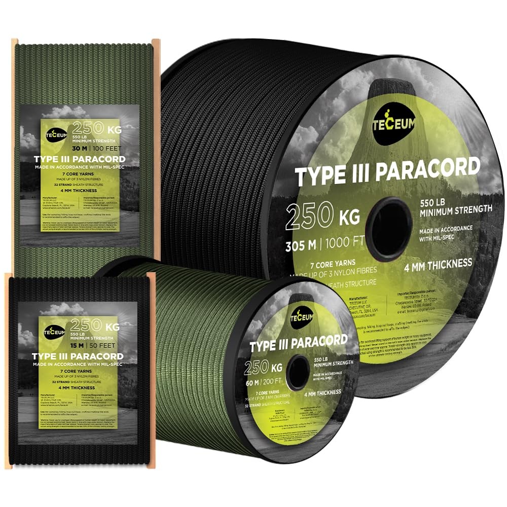 Paracord Type III 550 Black Black – 305m – 4mm – Tactical Rope – Outdoor…