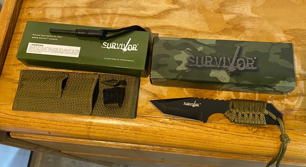 Knife Survival Hunting Black Blade w/ Steel Flint Fire Starter Sheath Camping