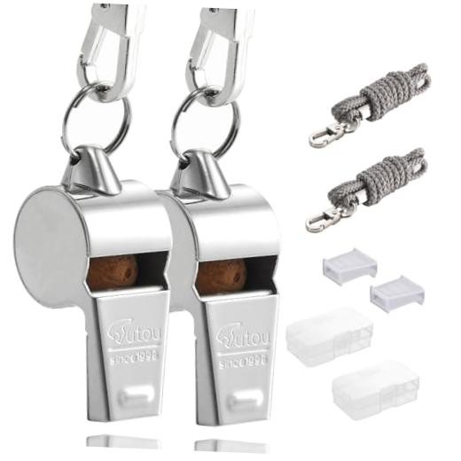 Whistle 2 Packs Stainless Steel Coach Sports Whistle with Lanyard, Loud Crisp