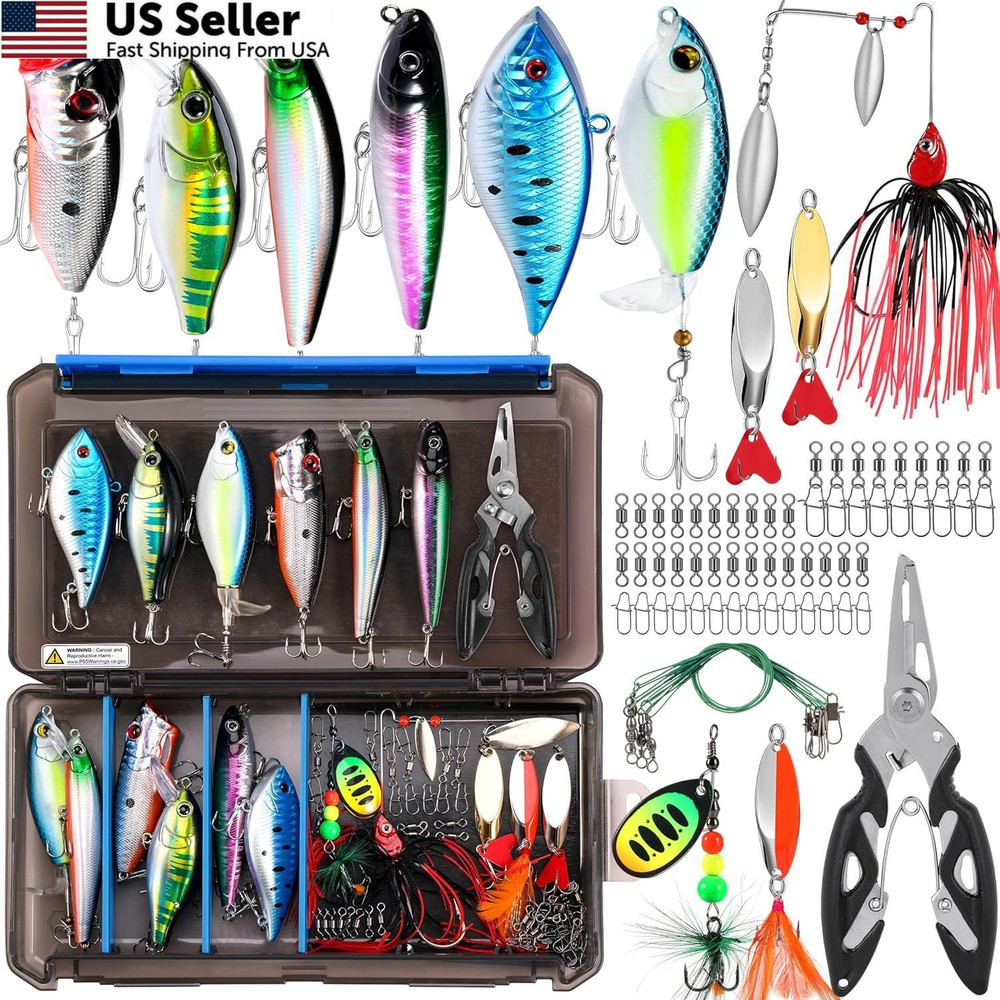 PLUSINNO Fishing Lures Tackle Box Gifts for 5, 68pcs Accessories Kit