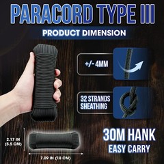 Paracord Type III High Tensile Reflective Tactical Rope Black 98 Ft