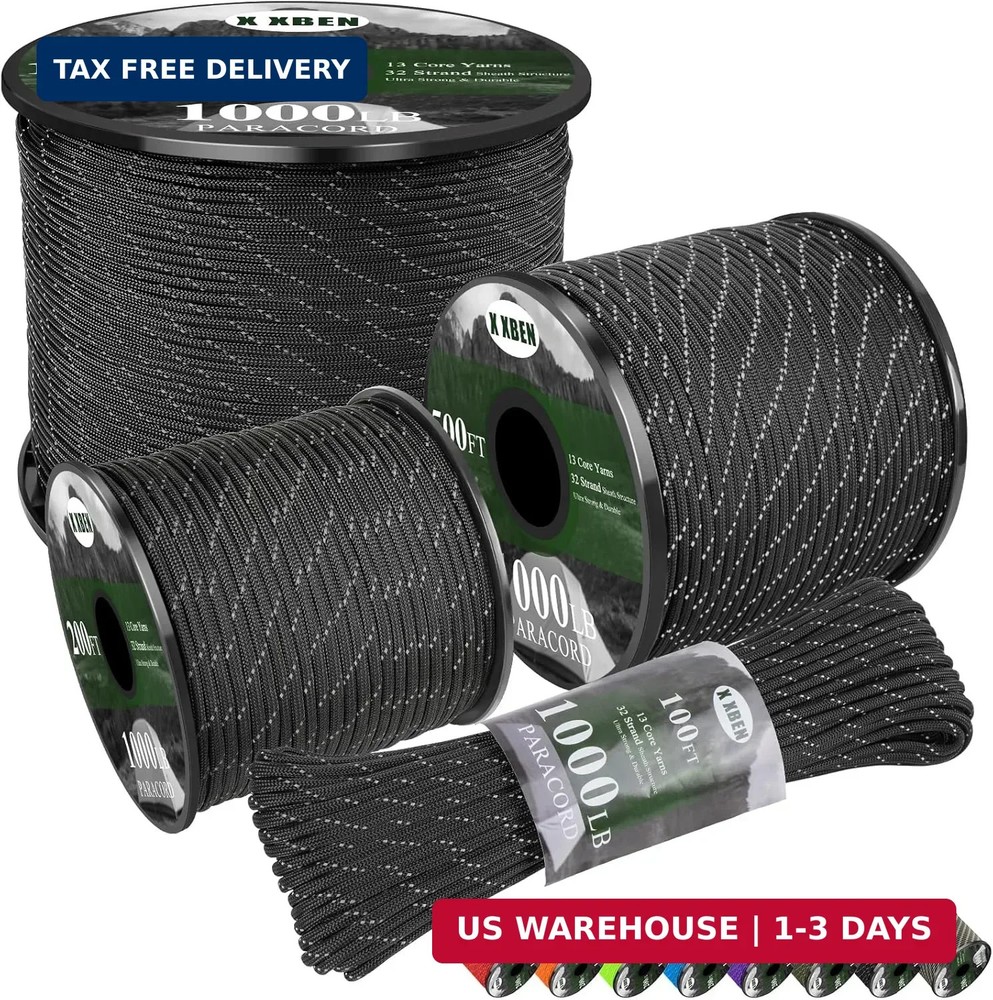 Reflective Paracord 1000lb 13 Strand 4mm Parachute Rope Spool Heavy Duty Black