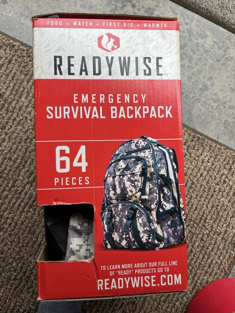 ReadyWise 64-Piece Survival Kit Backpack w/ First Aid, Water Purification Tabs