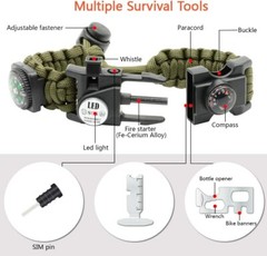 Durable Paracord Survival Bracelet with Whistle, Compass & LED Light – Green