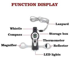 MULTI-FUNCTION 7-IN-1 WHISTLE/COMPASS/THERMOMETER/LIGHT/MAGNIFIER/MIRROR/STORAGE