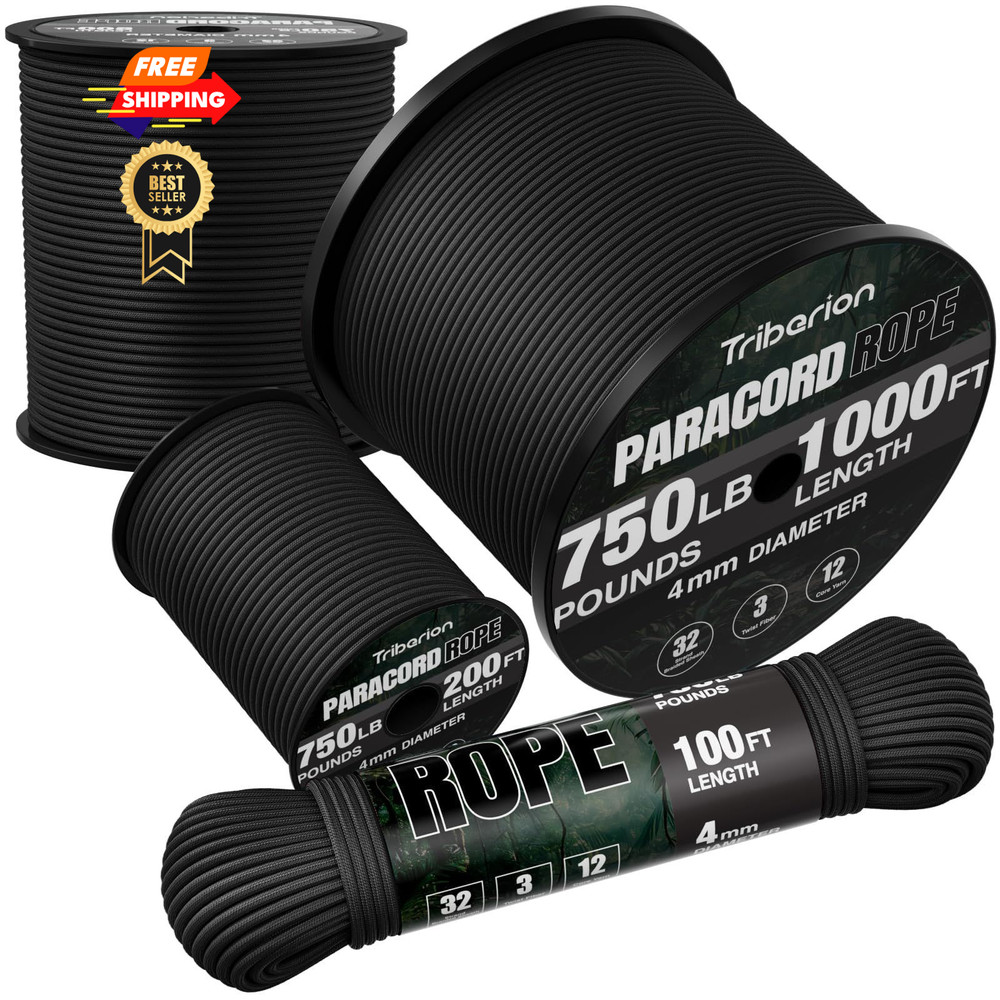 TRIBERION Paracord Rope 750 lb – 500ft 5/32″ Parachute Cord 4MM 500ft, Black