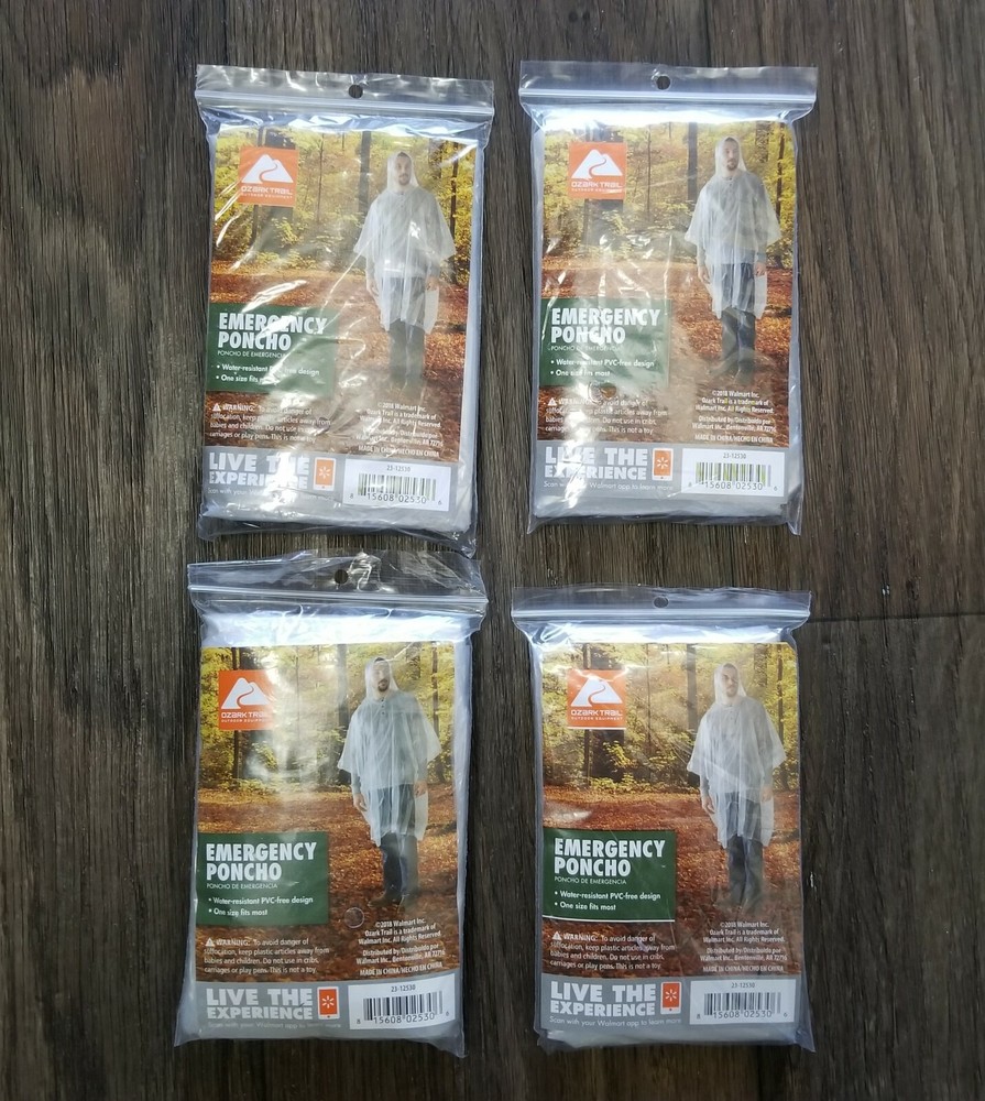 4-Pack Emergency Hooded Rain Poncho Water Resistant PVC Free Design One Size New