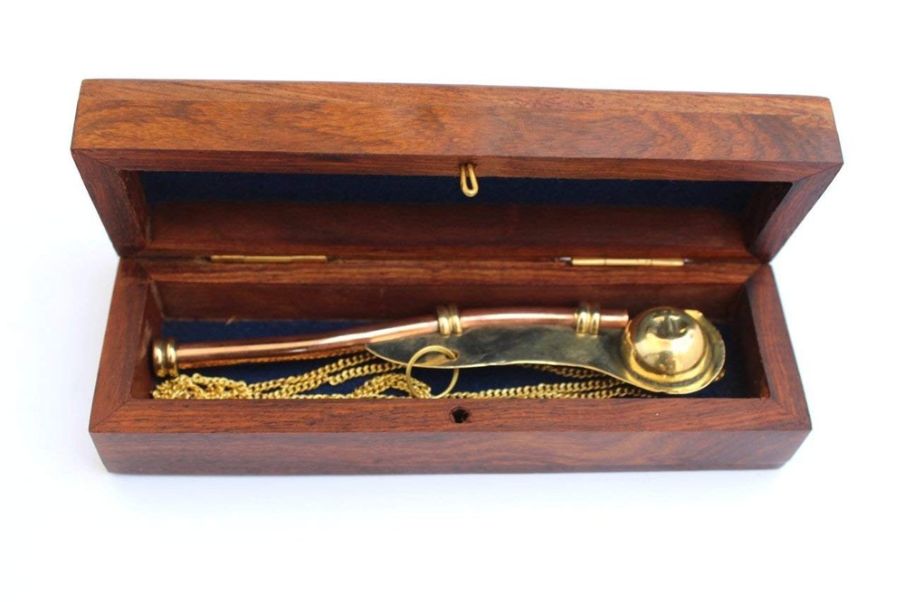 Nautical Solid Brass & Copper Boatswain 5″ Whistle Chain with Rosewood a