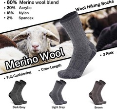 Busy Socks 3 Pack Crew Merino Wool Hiking Large-X-Large, 3 Pairs Light Grey