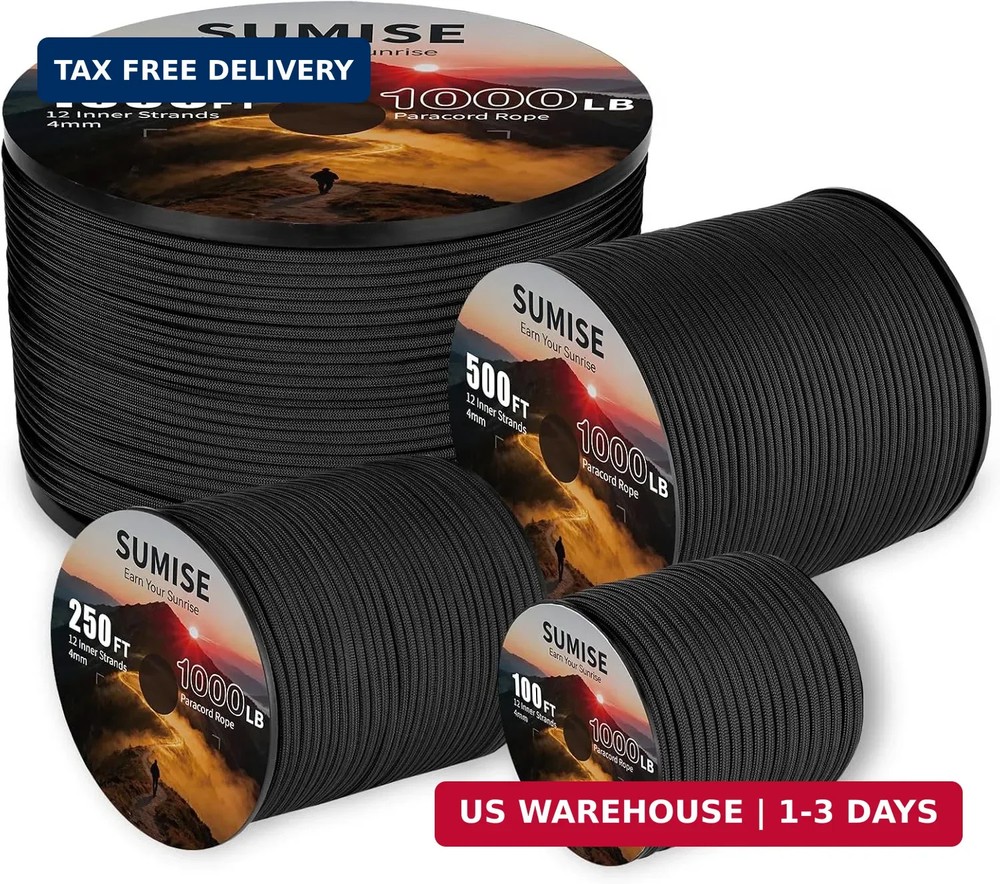 Paracord Rope 1000lb, 5/32 in(4mm), 12 Strand Parachute Cord 100FT, Black