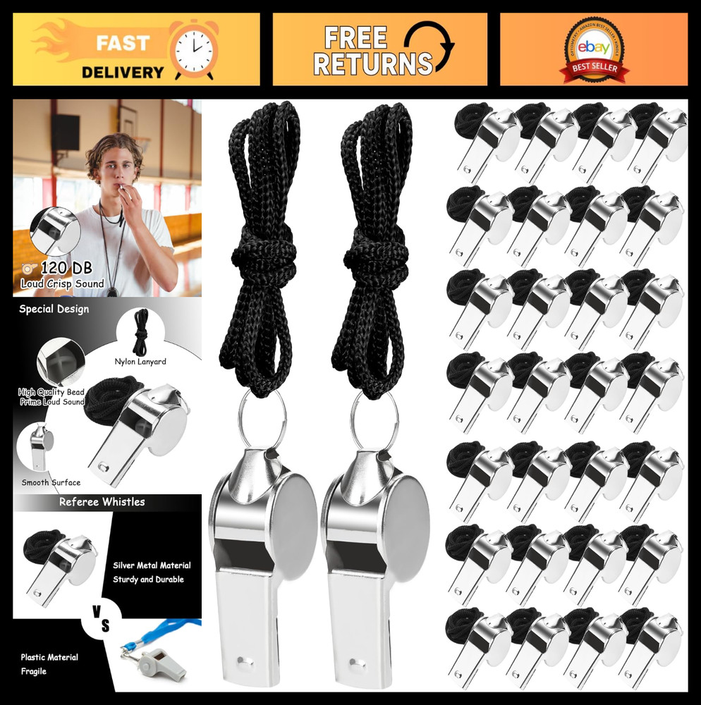 100 Pcs Loud Stainless Steel Whistles with Lanyards – Sports, Coaching, Referee
