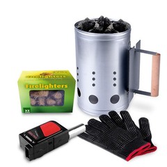 Charcoal Chimney Starter Set Lighter Cubes Gloves Blower BBQ Grill Fireplace Woo