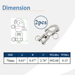 2 PCS Snap Shackle 316 Stainless Steel Jaw Swivel Quick Release Marine