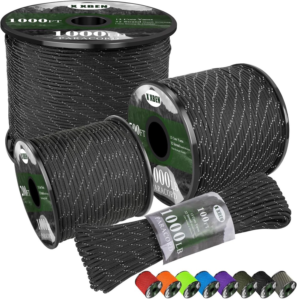 Paracord Reflective 1000lb, 50/100/200/500/1000ft 4mm, 13 Strand Parachute Spool