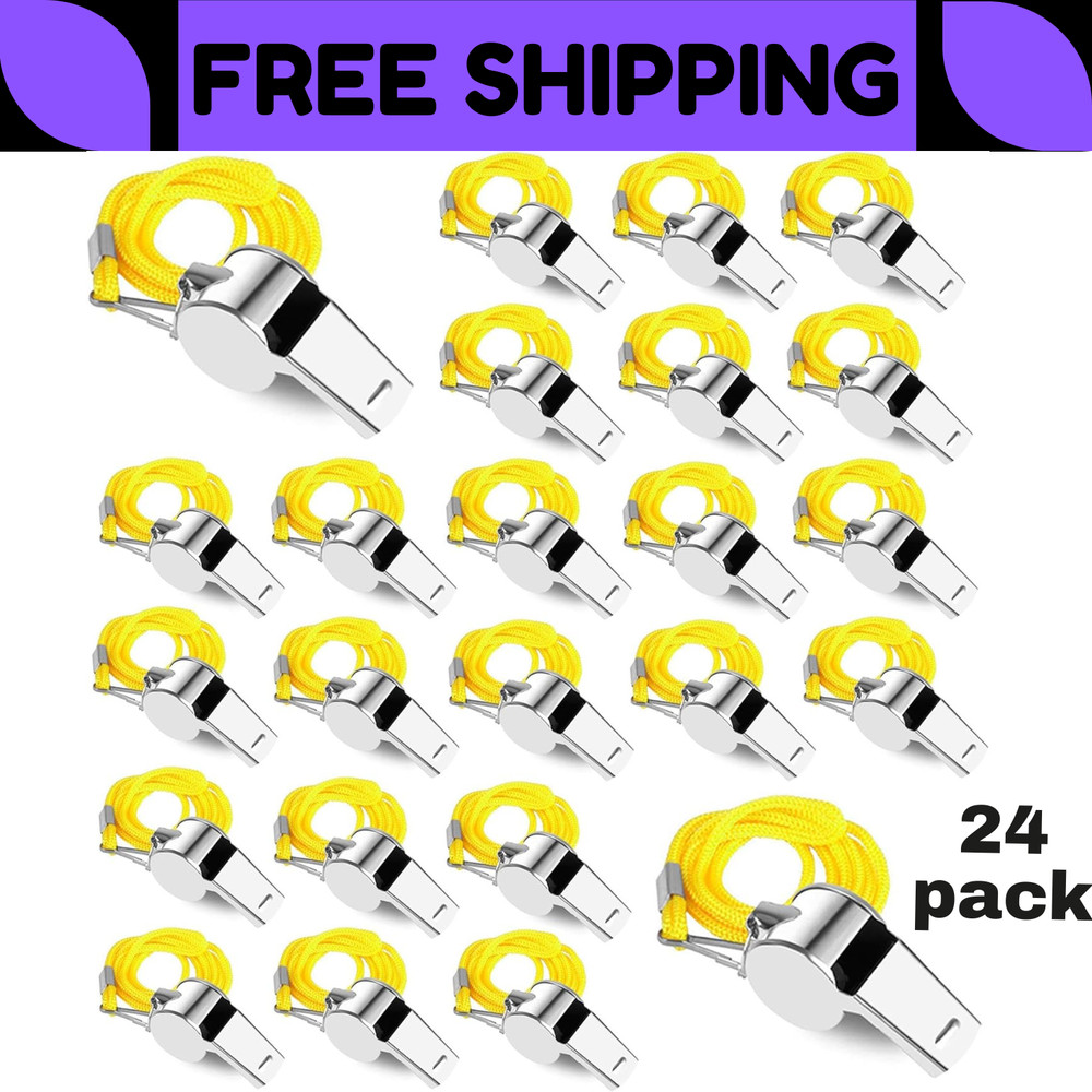 24-Pack Stainless Steel Whistles with Lanyards – Loud, Clear Sound for Coaches,