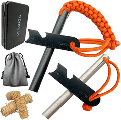 Flint and Steel Fire Starter Kit Survivor, 3/8″ 1/2 Inch Ferro Rods and Magnesiu