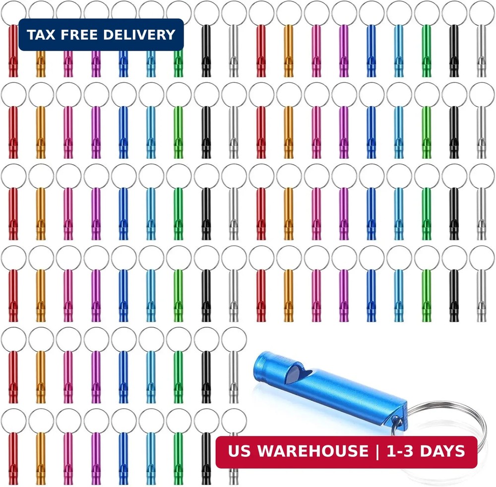 100 Pieces Emergency Whistle with Keychain, Aluminum Survival Whistle for Campin