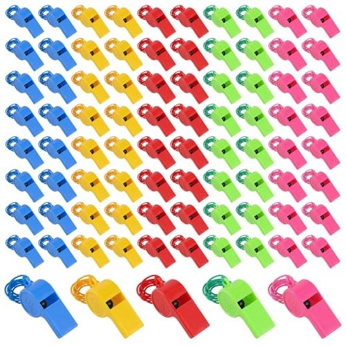 100 Pcs Sport Whistle with Lanyard, Multicolor Loud Plastic Whistles Bulk