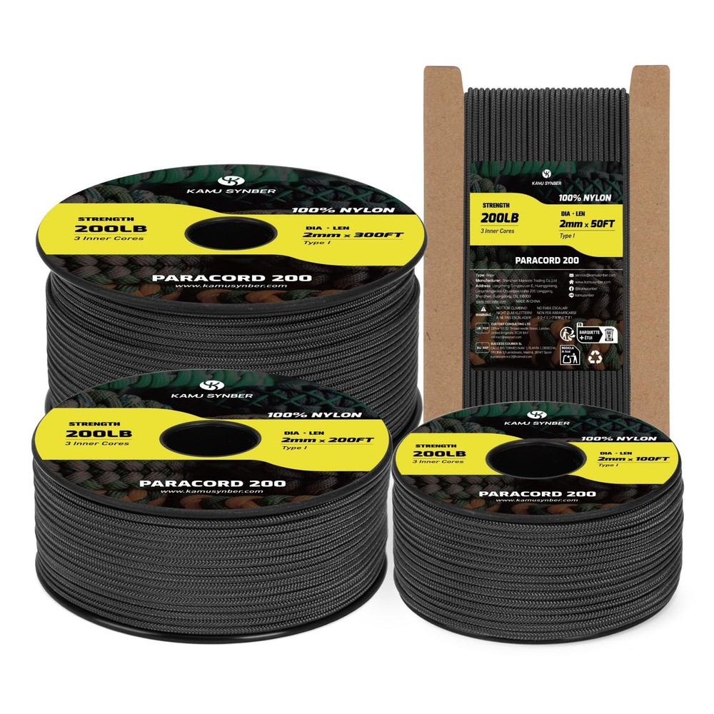 Kamu Synber Paracord 2mm 3 Strands 100ft 100% Nylon Rope Type I 100FT, Black