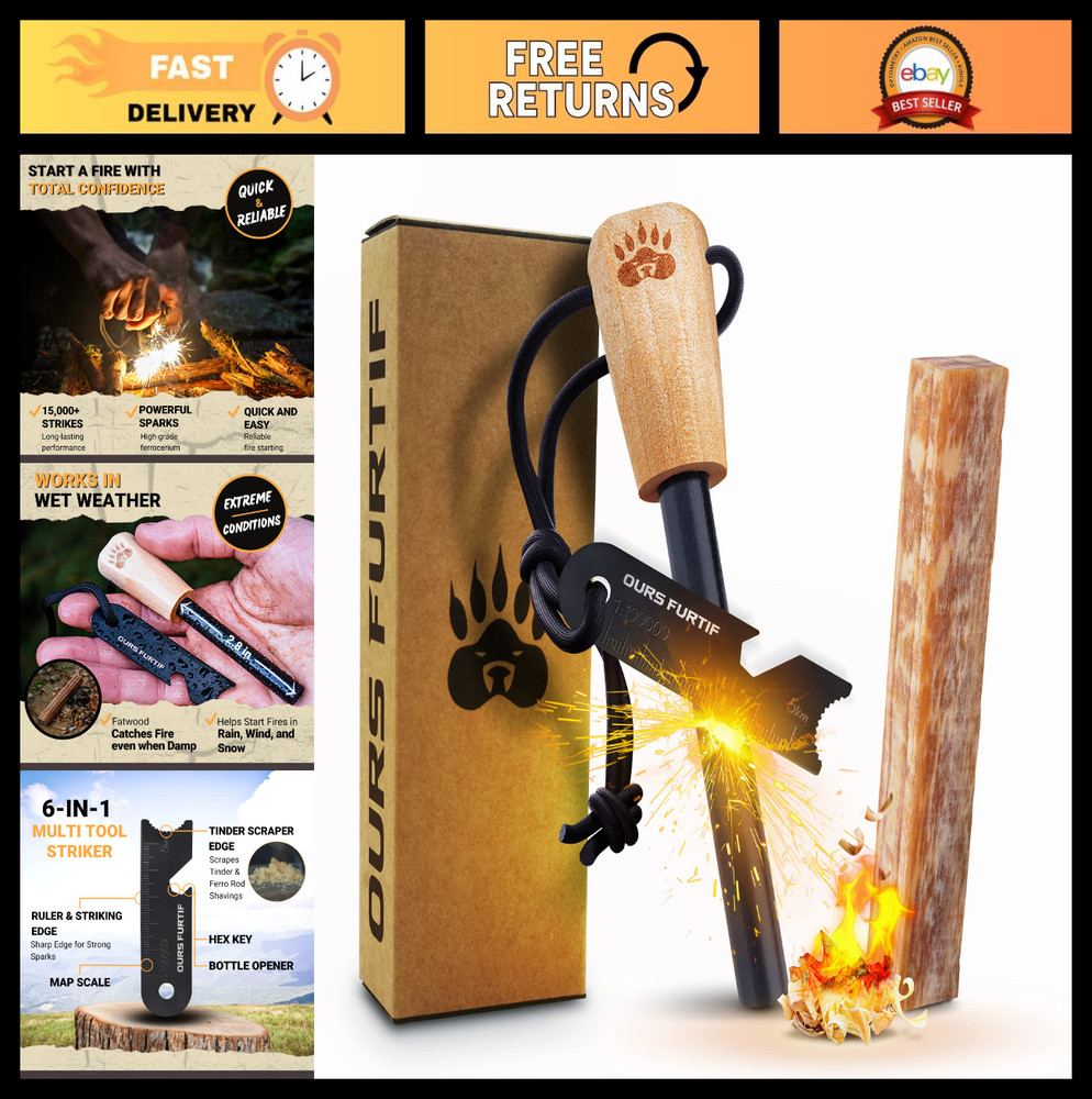 Ferro Rod Fire Starter Kit – 3/8″ Thick Flint Steel, Fatwood Tinder, Multi-Tool
