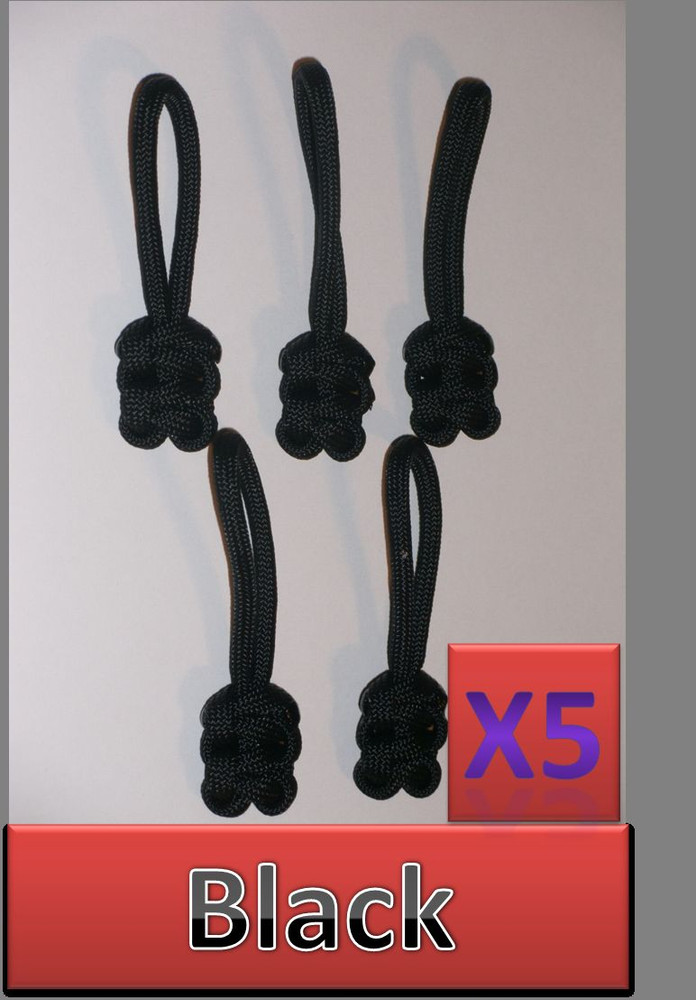 550lb Paracord Zipper Pulls / Lanyards ~2.5″ – BLACK (Qty of 5 pulls)