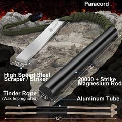 Ferro Rod Fire Starter Kit – 5″ Flint and Steel with Two Waxed Tinder Black