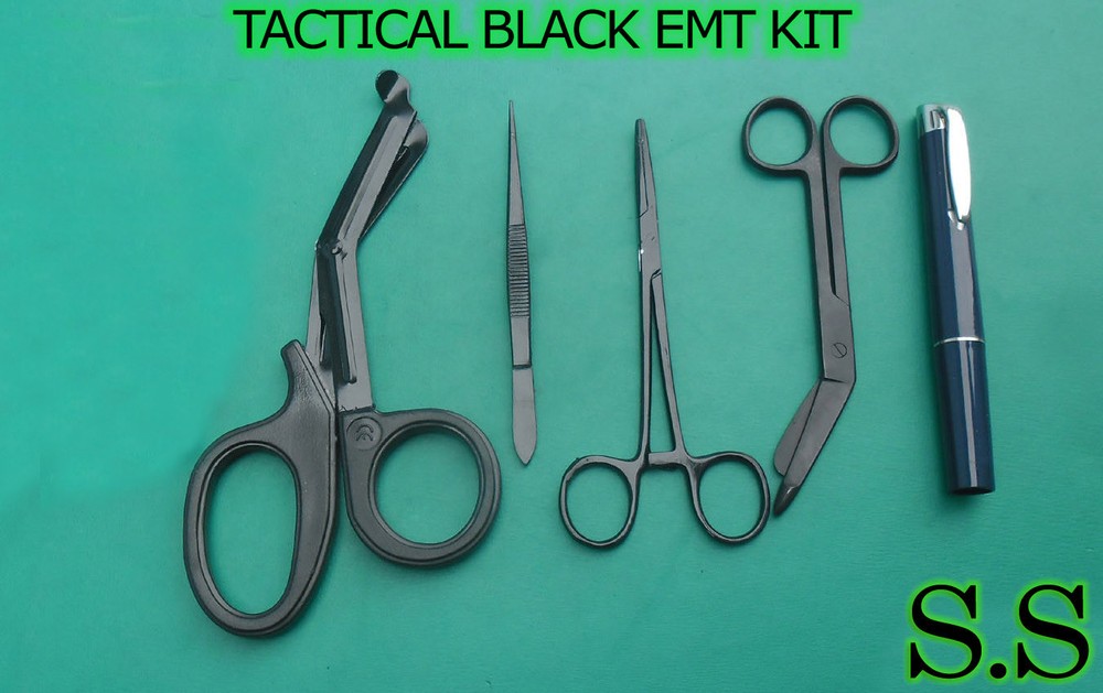 TACTICAL BLACK EMT KIT W/ SHEARS, FORCEPS, PENLIGHTS COMBO PACK- BLACK S.S-309