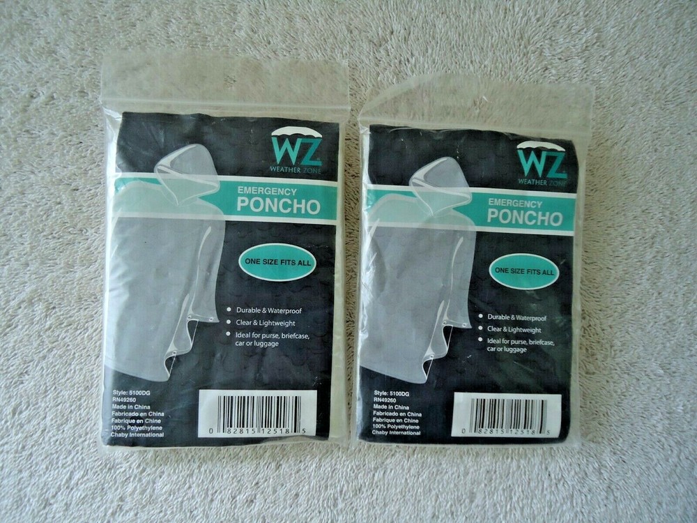 Lot Of 2 » NIP » Weather Zone One Size Fits All Clear & Light Weight Ponchos