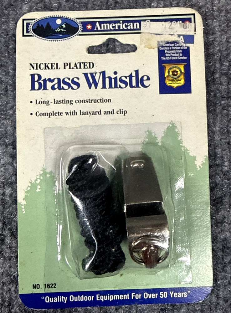 American Camper Nickel Plated Brass Whistle New With A Long Neck Cord