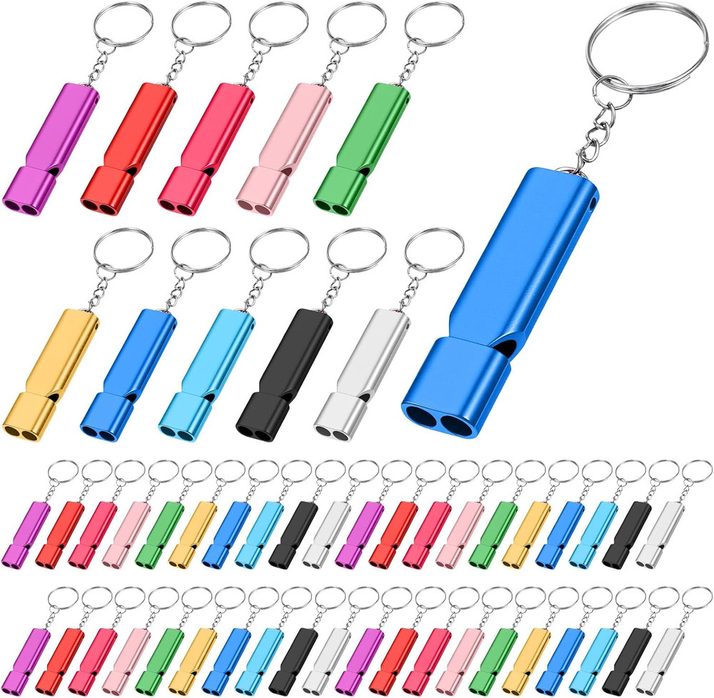 50 Pcs Emergency Whistle, Aluminum Alloy Safety Whistles with Keychain 120 Db Lo