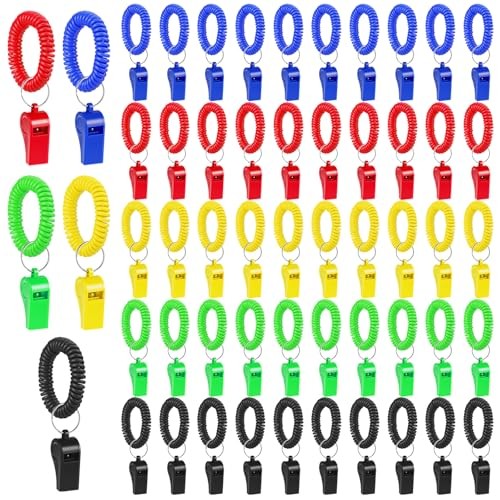 50 Pcs Colorful Plastic Whistles with Bracelet, 120dB Loud Sports Whistles
