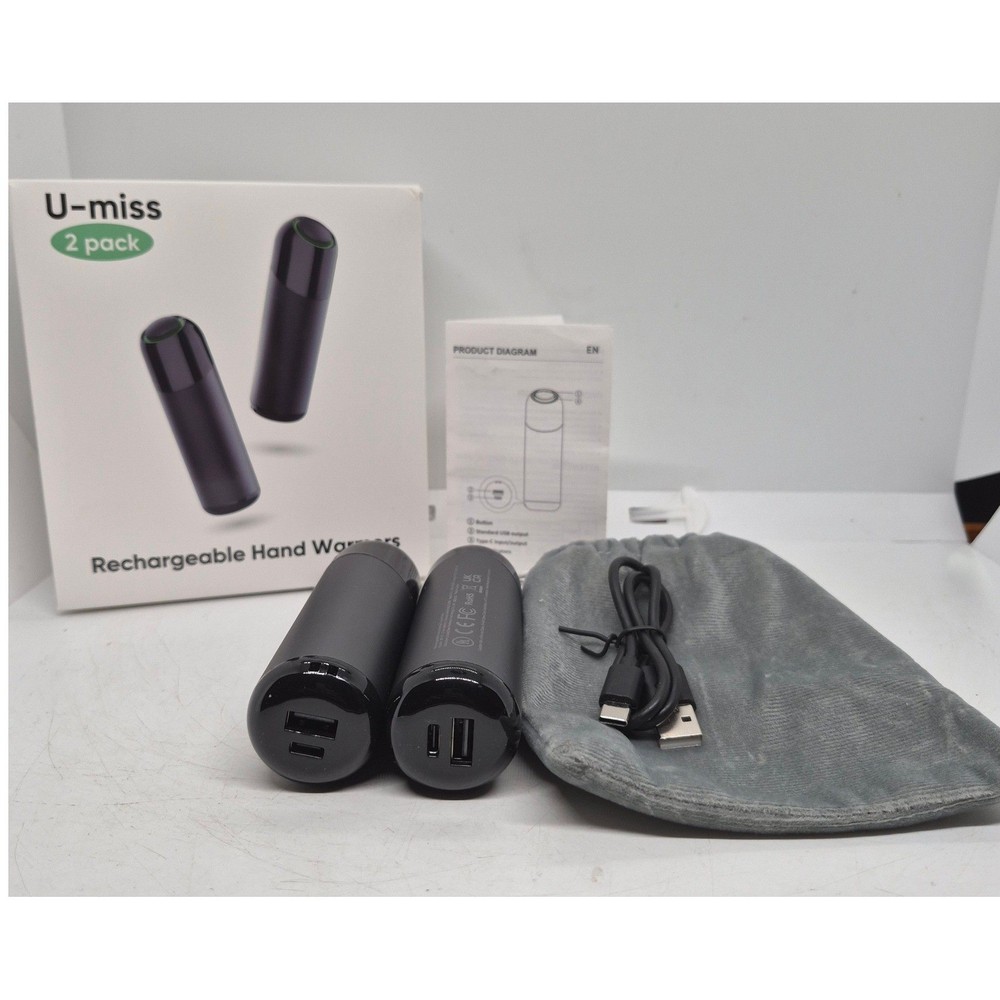 U-miss Rechargeable Hand Warmers 2 Pack Black Portable Power Bank Heat Therapy