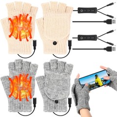 JaGely 2 Pairs USB Heated Gloves Fingerless Winter One Size, Gray and White