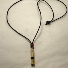 Safety Whistle «LOUD» 14kt Gold Plated Brass 36″ Leather Lanyard Amber Bead NEW