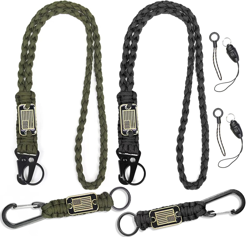 2/4PCS Heavy Duty Paracord Lanyard Keychain with USA Flag, Braided Key Lanyard f