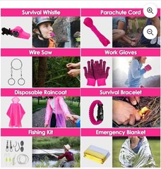 Pink Emergency Survival & First Aid Kit, Self-Defense Gear with Molle Pouch & Te
