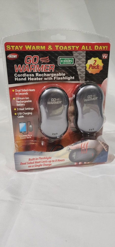 Go Warmer Cordless Rechargeable Hand Heater 2 Pack Power Bank Flashlight NEW