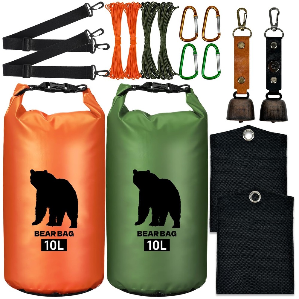 2 Pcs 10L Waterproof Bear Bags with 4 Nylon Ropes, 4 Clips & 2 Rock Pockets &…