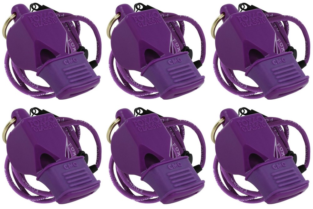 Fox 40 Classic CMG Safety 3-Chamber Pealess Whistle + Lanyard, Purple (6-Pack)