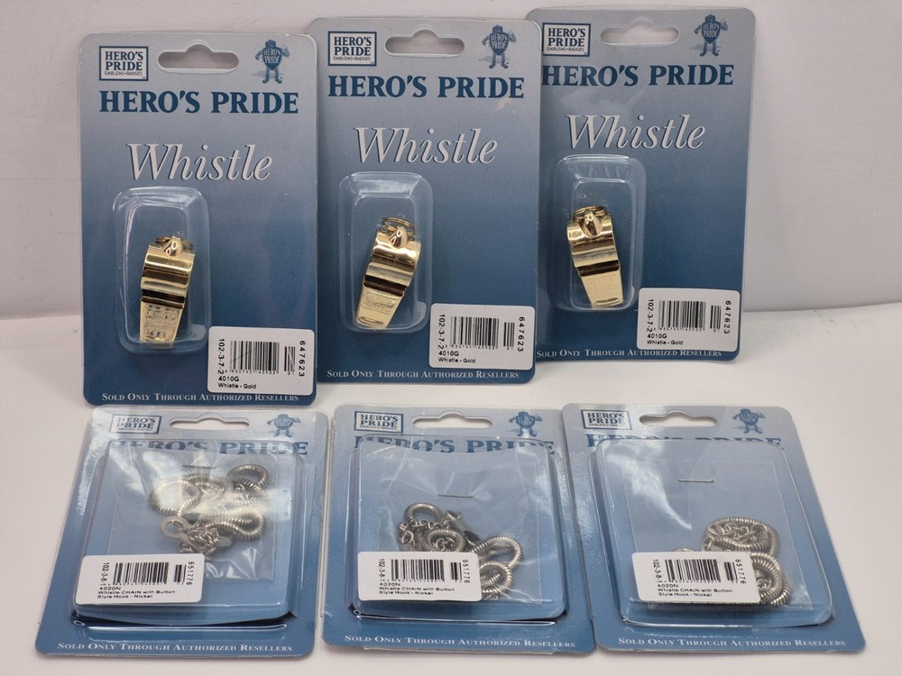 Hero’s Pride Whistle & Nickel Chain Lot Of 3 Whistles And 3 Chains