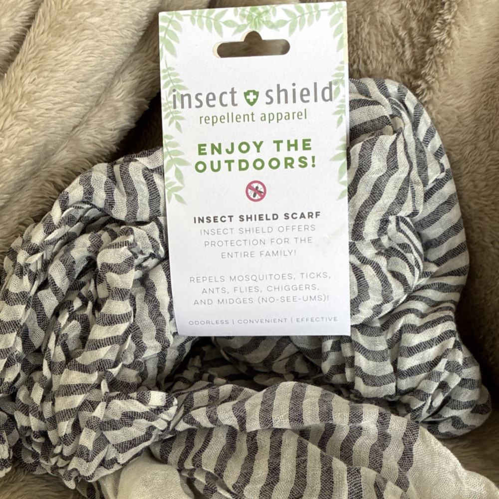 Insect Shield Scarf Gray/White Stripe Odorless Repels Mosquitoes 70 Wash